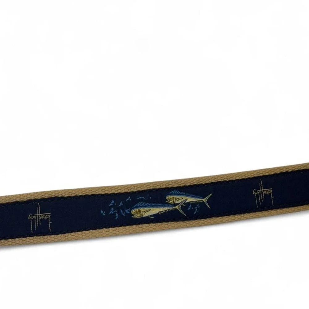Guy Harvey Mens 38 Leather Tab Ribbon Belt Mahi Mahi Dolphin Fish Navy Tan